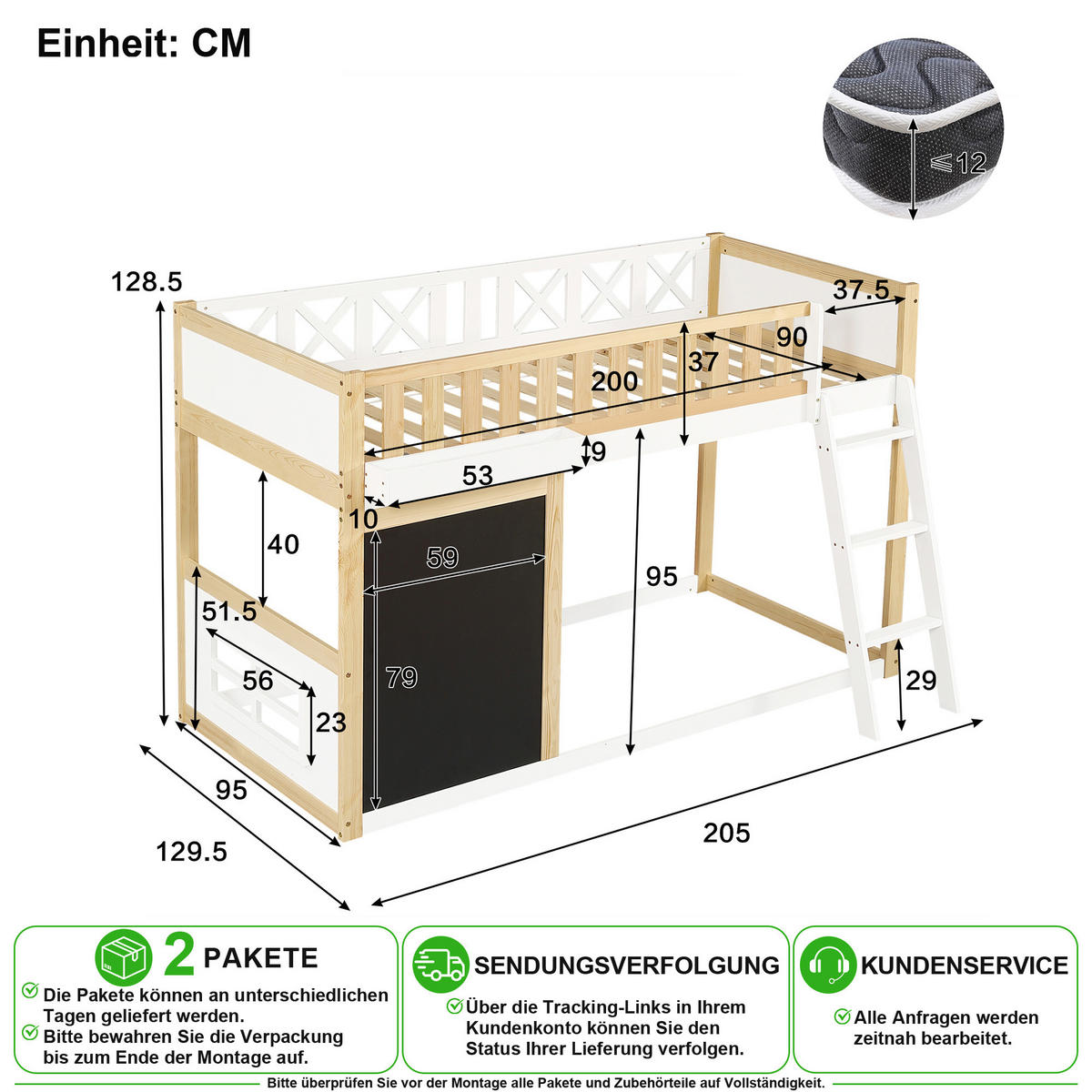 VYVÝŠENÁ POSTEL 90/200 cm v bílé a přírodní barvě s tabulí a úložným boxem - bílá/přírodní, dřevo/kompozitní dřevo (90/200cm) - CHICFURN
