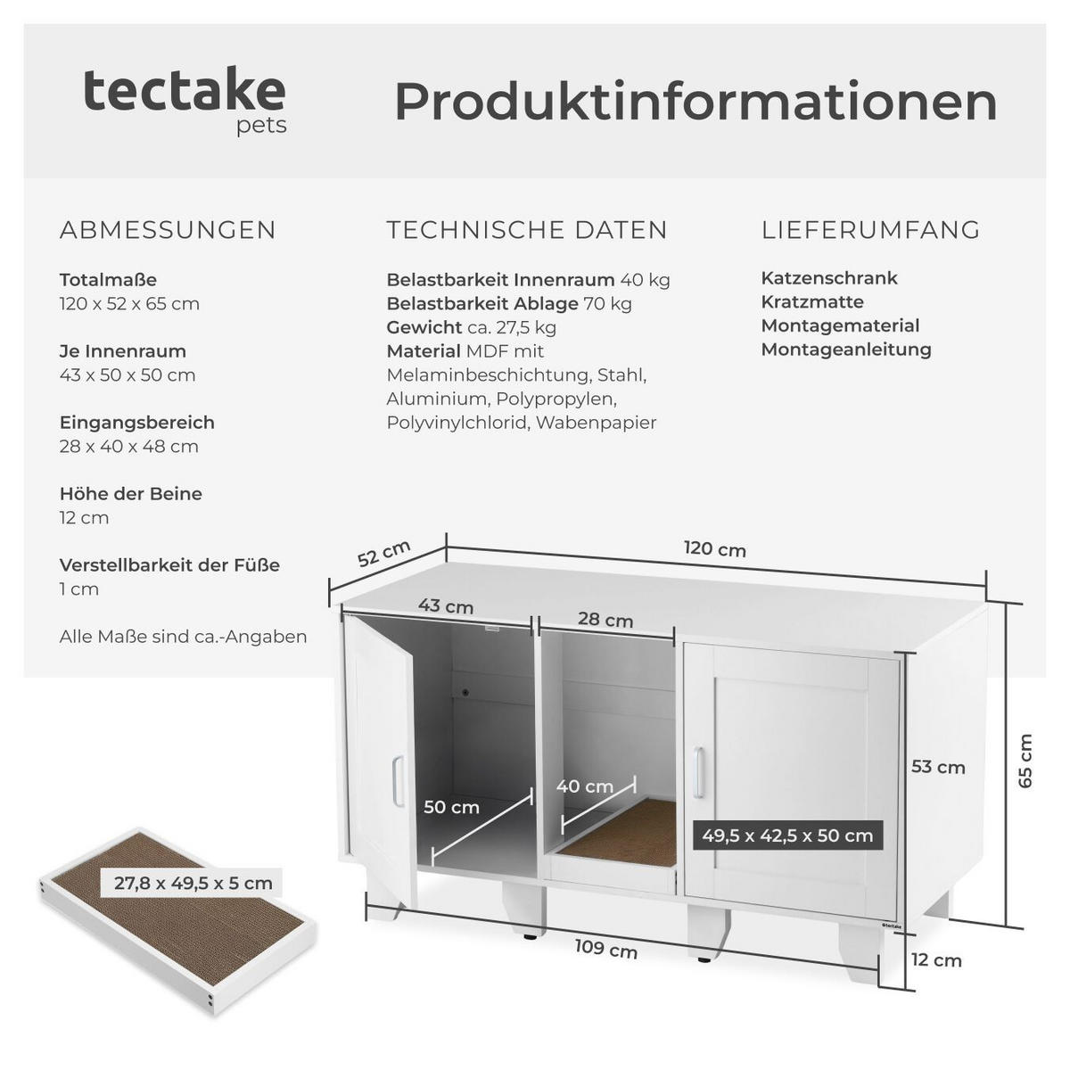 KATZENSCHRANK Freya,inklusive Kratzmatte, 120 x 52 x 65 cm,weiß - Weiß, Holz (120/65/52cm) - tectake