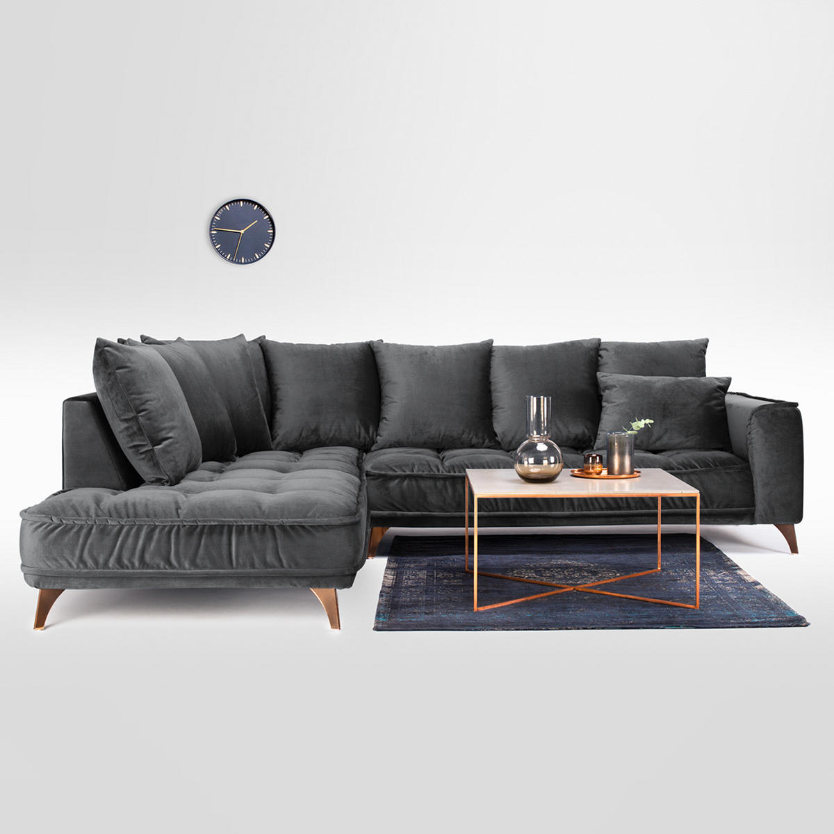 ECKSOFA mit Ottomane - Samt - Schwarz, Textil/Metall (288/245cm) - home24