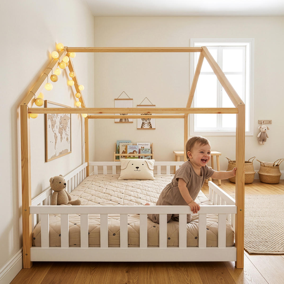 HAUSBETT Treviolo - Weiß/Naturfarben, Holz (140/200cm) - [en.casa]