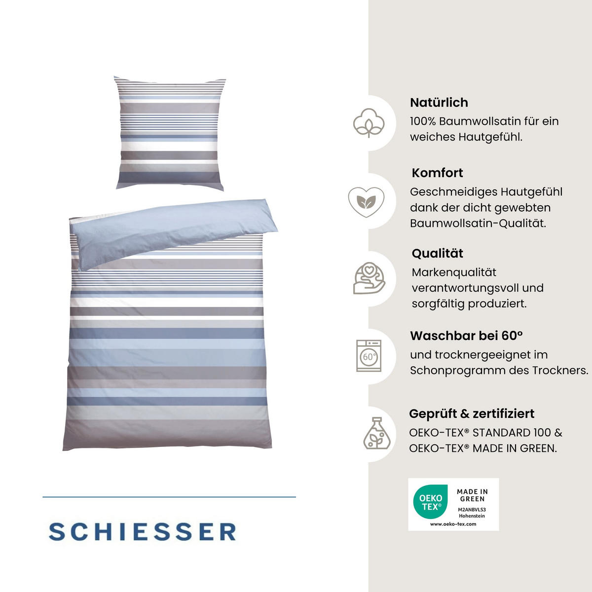 BETTWÄSCHESET Hoops - Baumwollsatin - 2-teilig - 135 x 200 cm - Blau - Blau, Textil (135/200cm) - SCHIESSER