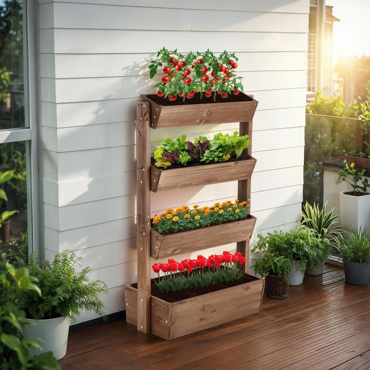 VERTIKALBEET Flora,inklusive Pflanzvlies, 85 x 45 x 140 cm,braun - Braun, Holz (85/140/45cm) - tectake