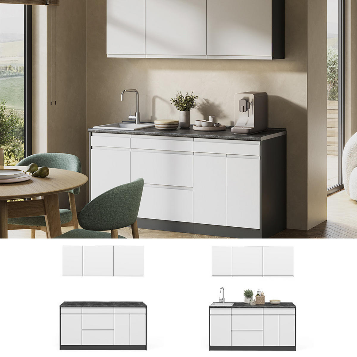 SINGLEKÜCHE R-Line, Weiß/Anthrazit, 160 cm Arbeitsplatte Platin - Anthrazit/Weiß, Holzwerkstoff (160/81.6/60cm) - Vicco