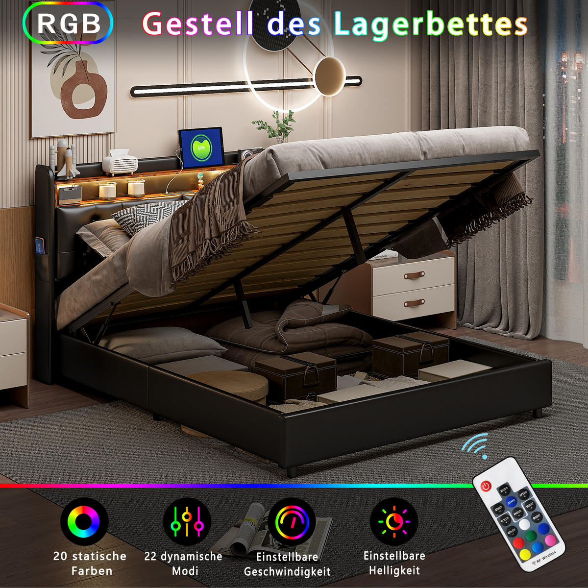 POLSTERBETT 180x200 cm, Schwarz, LED-Beleuchtung und Steckdosen - Schwarz, Textil/Metall (180/200cm)