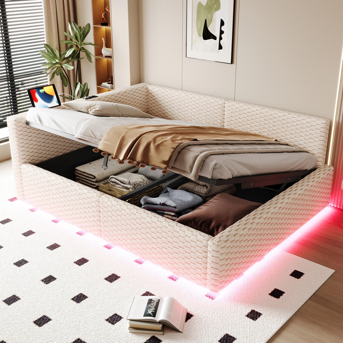 POLSTERBETT 140/200 cm Beige mit LED-Beleuchtung, USB-C-Anschluss und 2 USB-Anschlüssen - Beige, Textil (140/200cm) - Oxeza