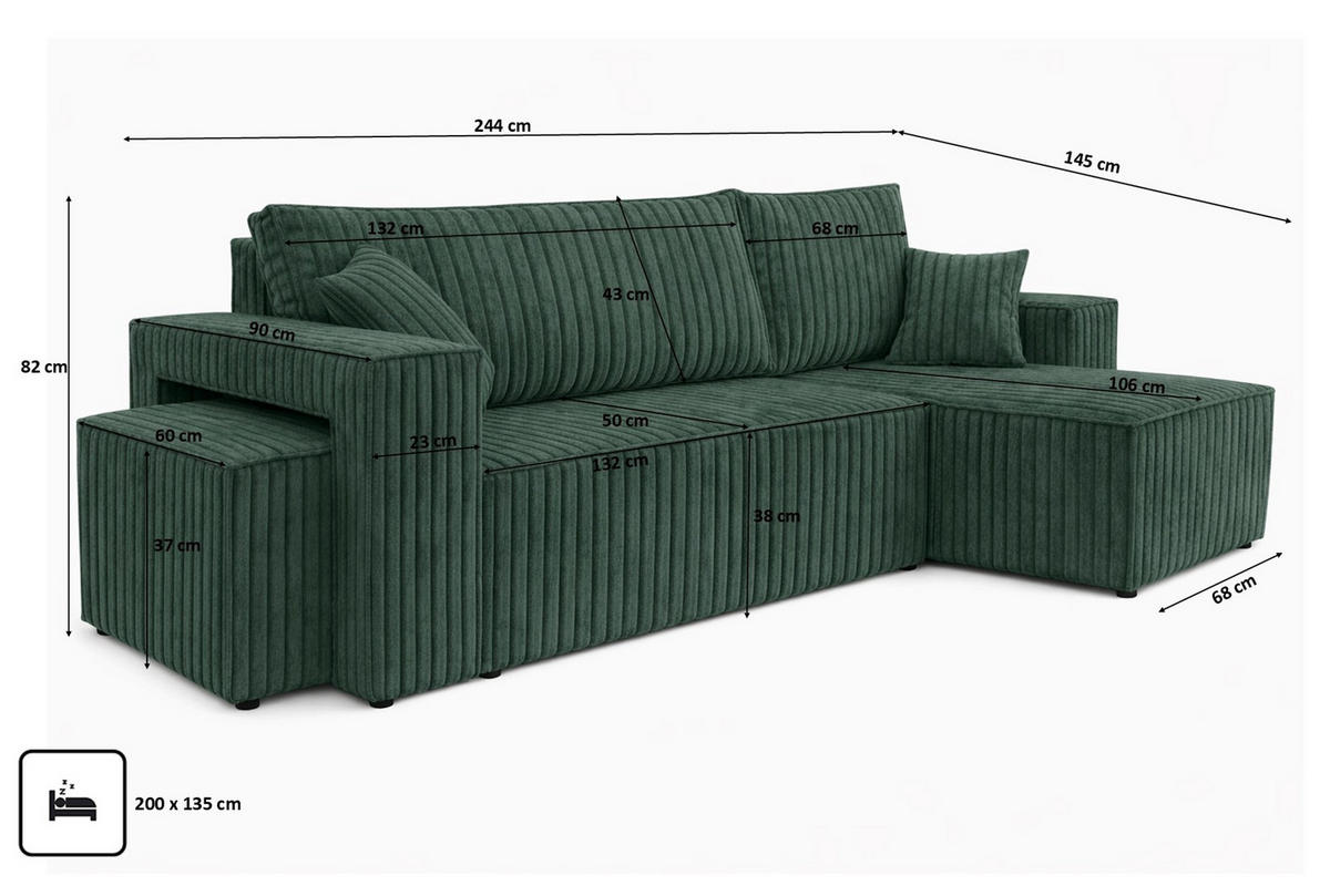 ECKSOFA Mit Schlaffunktion Und Pouf, Cordstoff Tilia, Grün, Rechts, Best L Mit Pouf - Grün, Holz (244/145cm) - Kaiser Möbel