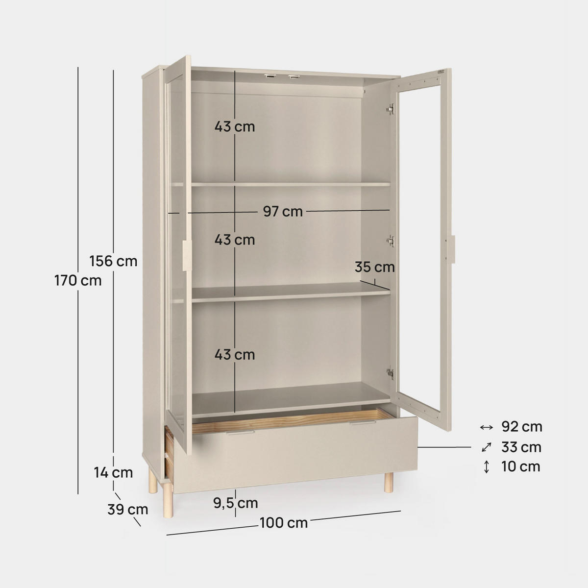 VITRINENSCHRANK DOPPELTER Elian Grau 100 cm x 170 cm - Grau, Holzwerkstoff (100/170/39cm) - Klast Home