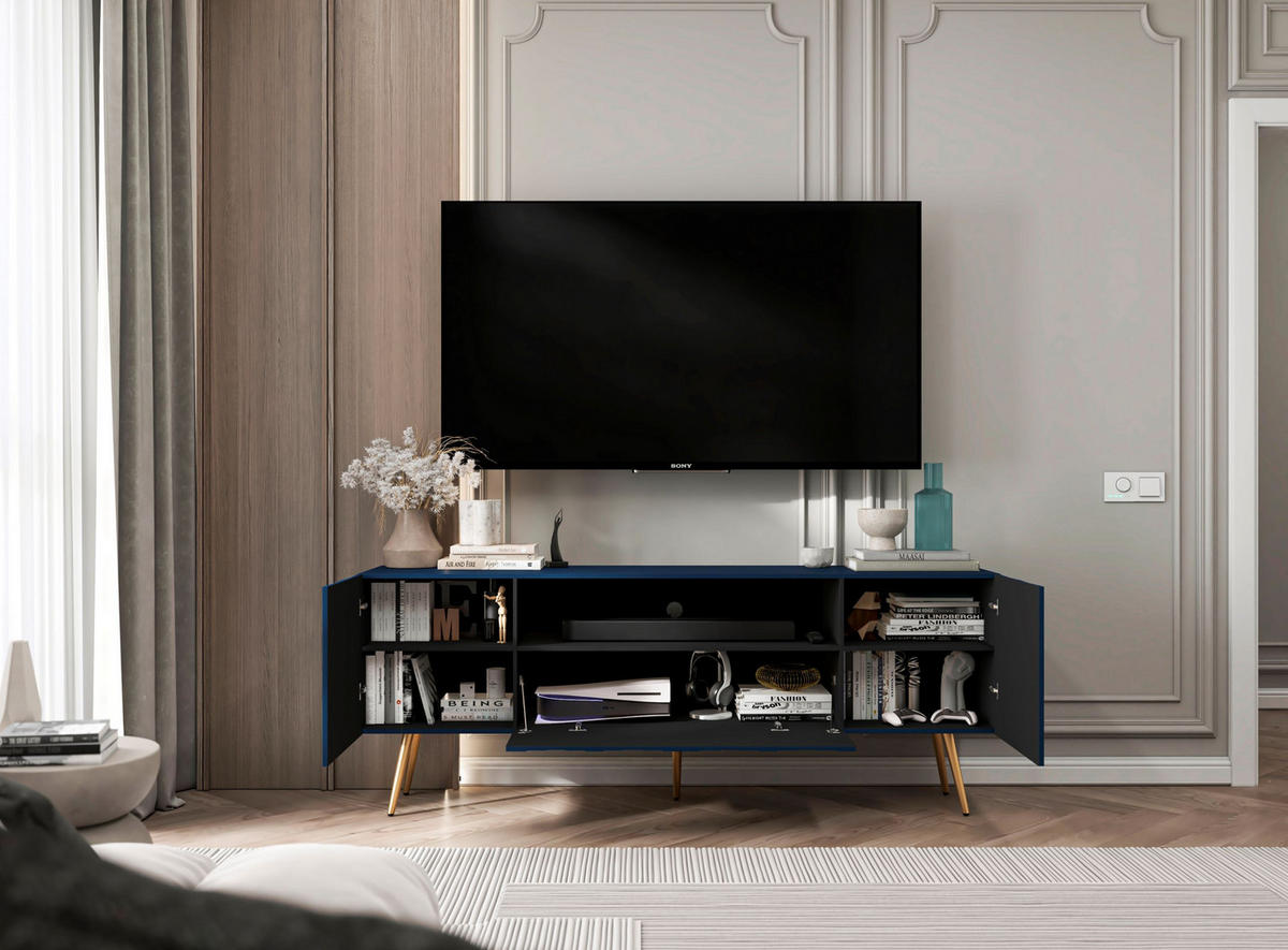 TV-SCHRANK Elpis2 Marineblau Matt mit goldenen Metallbeine Glamour 150 cm - Blau/Goldfarben, Holzwerkstoff/Metall (150/60.5/36.5cm) - Meble Lindner
