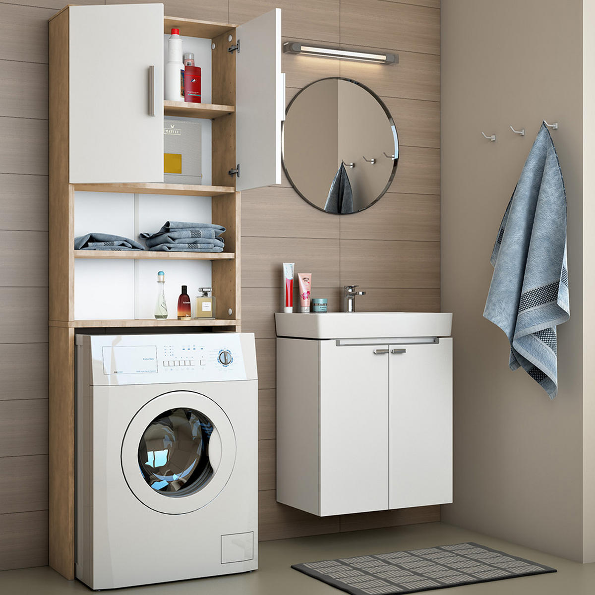 WASCHMASCHINENSCHRANK Weiß/Sonoma 64 x 190 cm - Weiß/Sonoma Eiche, Holzwerkstoff (64/190/26cm) - Vicco