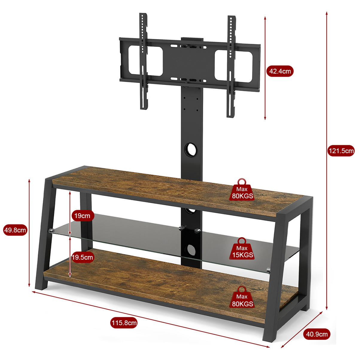 LOWBOARD in Braun TV-Schrank aus Holz mit schwarzem Hartglas für Wohnzimmer, B116/T42/H125cm - Schwarz/Braun, Glas/Holzwerkstoff (116/125/42cm) - STILVORA