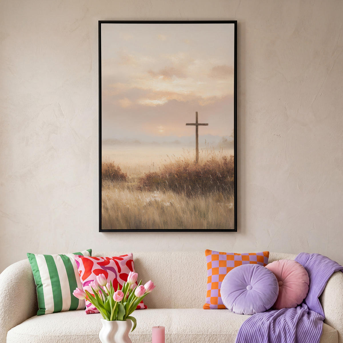 LEINWAND Bilder mit Rahmen - Gras - Morgennebel - Kreuz - Christentum - 100x150 - Beige, Textil (100/150cm) - MuchoWow
