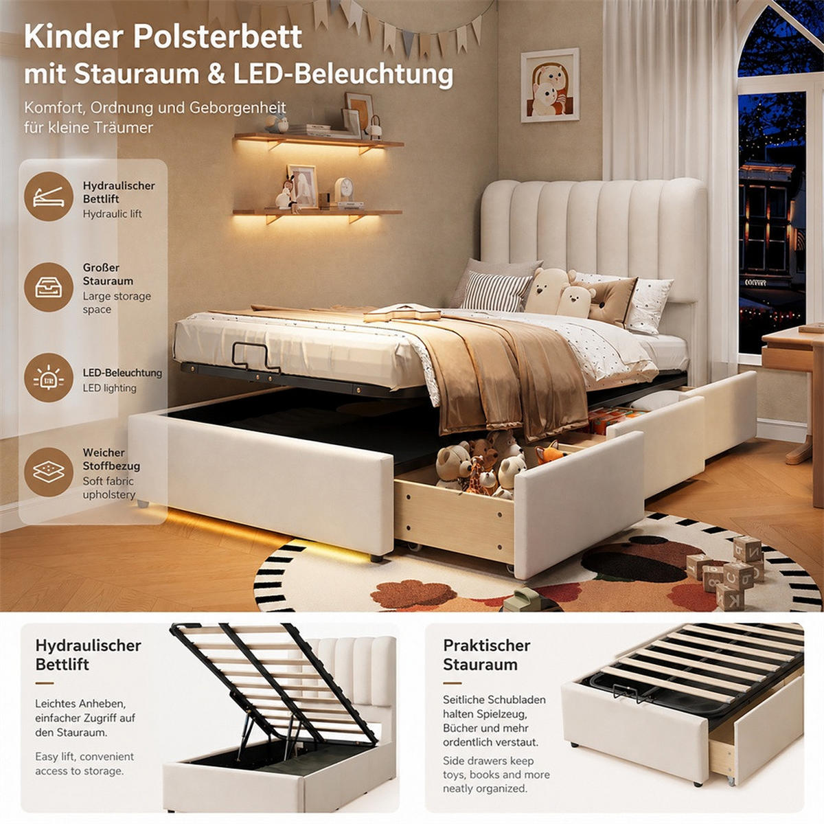 POLSTERBETT 90x200 cm mit hydraulischem Stauraum - 3 Schubladen & LED-Beleuchtung - Beige - ohne Matratze - Beige, Textil (90/200cm) - DELFA