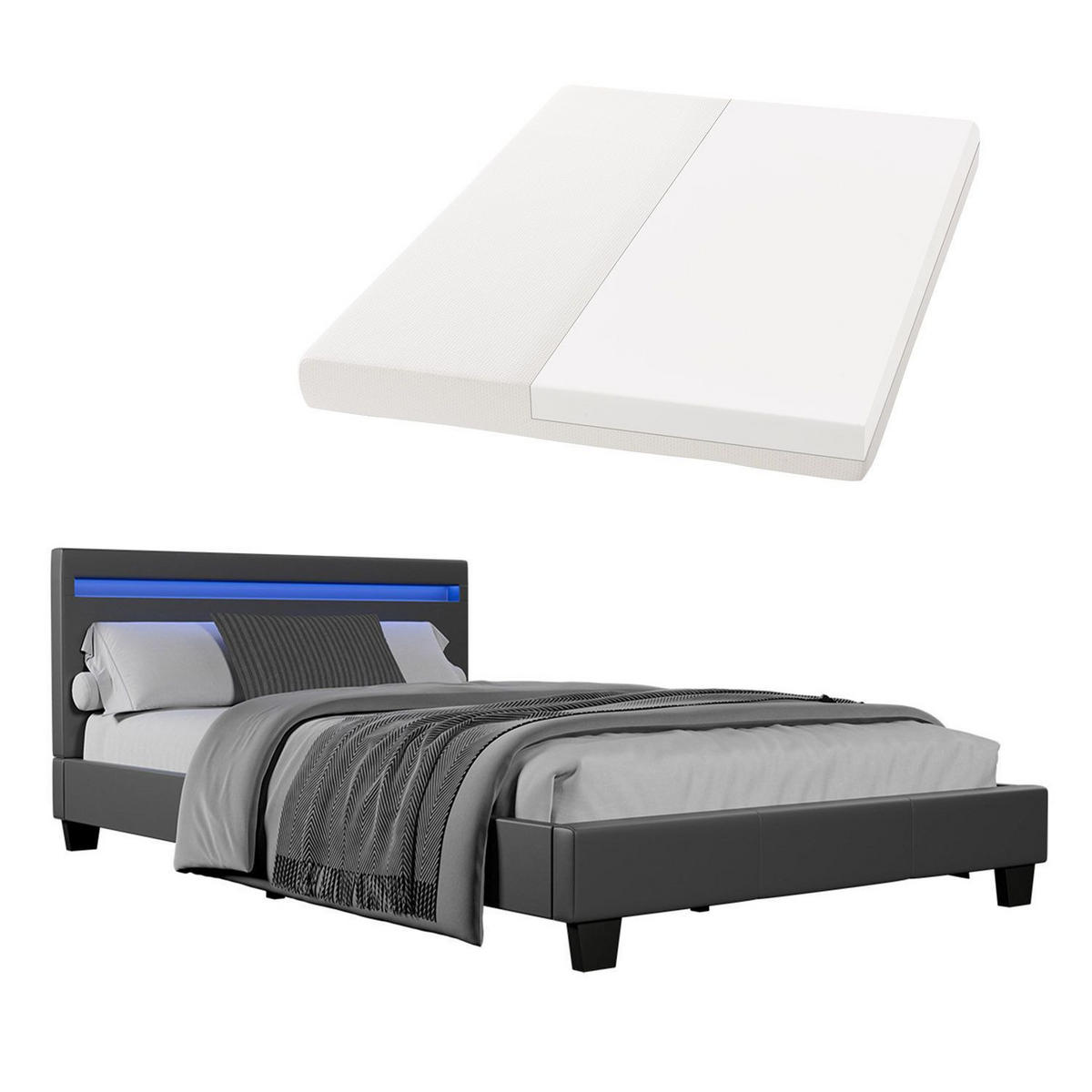 POLSTERBETT Paris mit Matratze und LED dunkelgrau 120x200cm - Grau, Textil (120/200cm) - Juskys