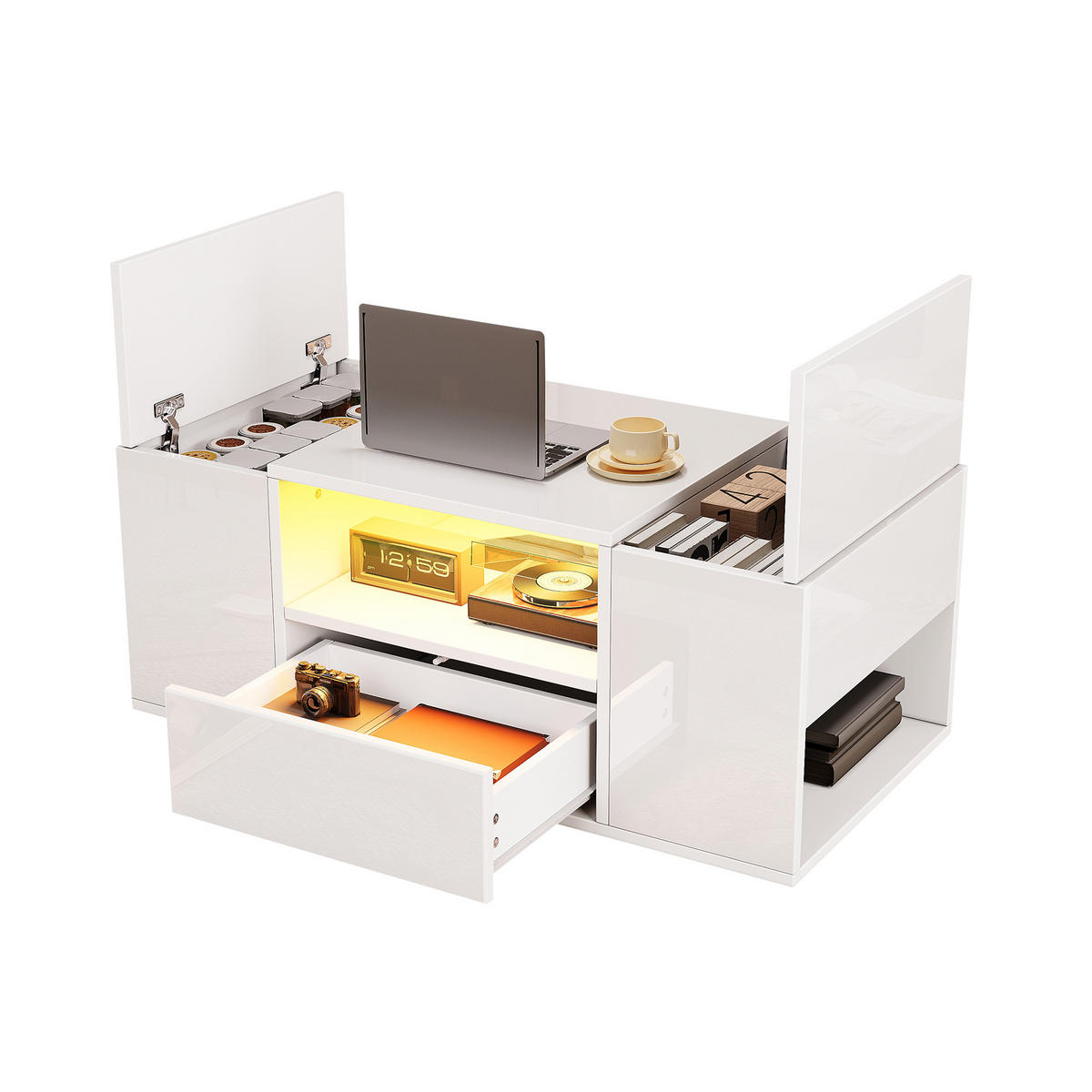 COUCHTISCH 100/50/40 cm Weiß Hochglanz mit LED-Beleuchtung und Stauraum - Weiß, Holzwerkstoff (100/50/40cm) - OKWISH