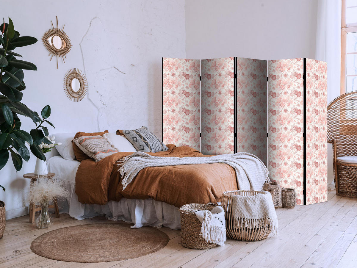 PARAVÁN Jednostranný 5-dielny 225x172 cm Ružové Kvety - ružová, drevo/textil (225/172/3cm) - Muralo