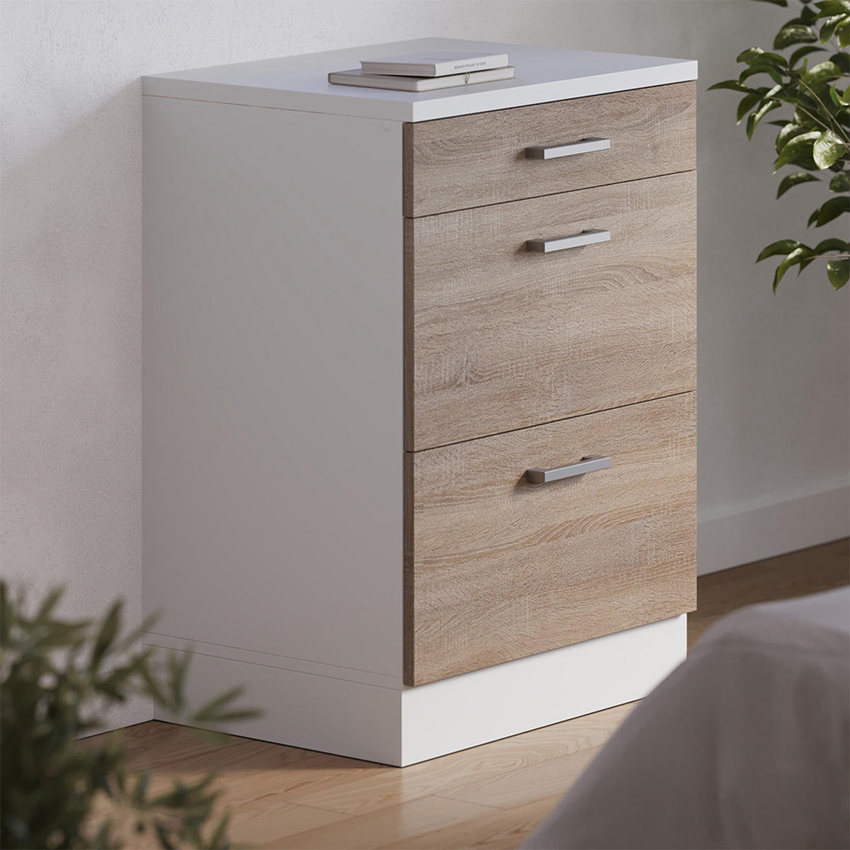 KUHINJSKA OMARA ZA POŠEVNE STREHE R-Line, Sonoma, 60 cm brez naklona z 3 predaloma - bela/hrast sonoma, leseni material (60/83.8/46cm) - Vicco