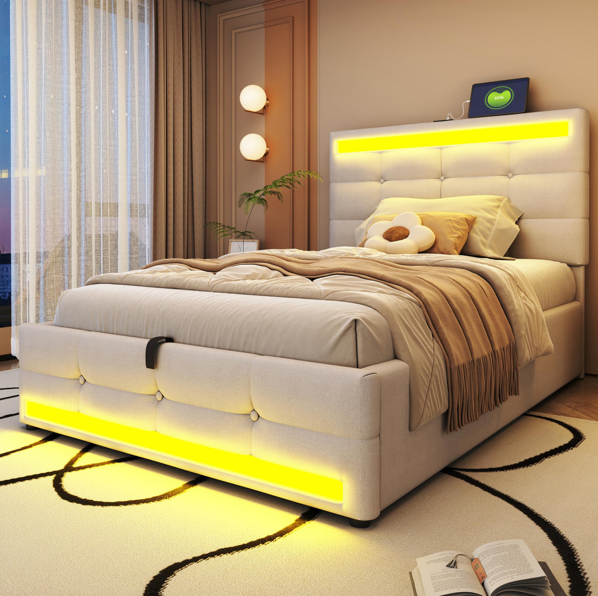 POLSTERBETT 90/200 cm Beige mit LED-Beleuchtung und USB-Anschlüssen - Beige, Textil (90/200cm) - Flora Grace