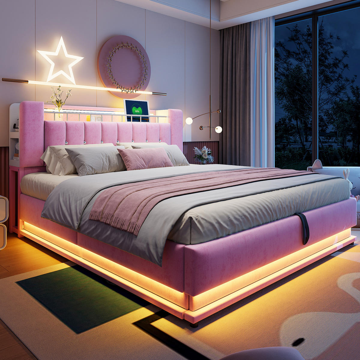 POLSTERBETT 180/200 cm Pink mit LED-Beleuchtung mit USB- und Type-C-Anschlüssen mit Stauraum Samtbezug - Rosa, Textil (180/200cm) - OKWISH