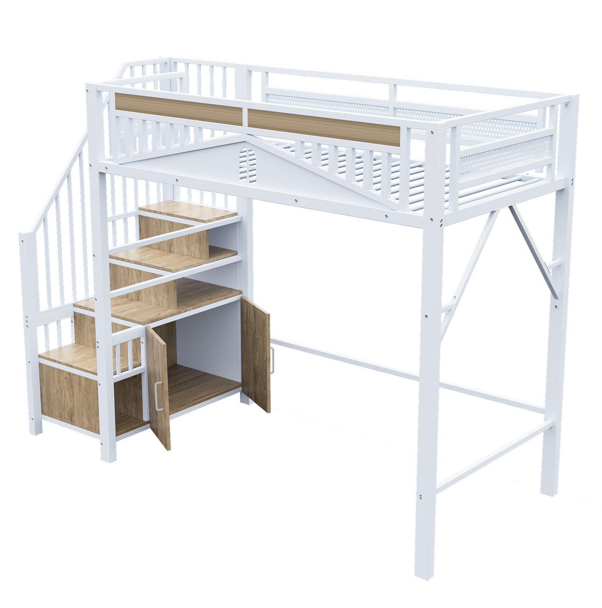 HOCHBETT aus Metall und Holz 90x200 cm Weiß mit Stauraumtreppe, Sicherheitszaun mit Fenster und Freiraum darunter - Weiß, Metall (90/200cm) - Modfu