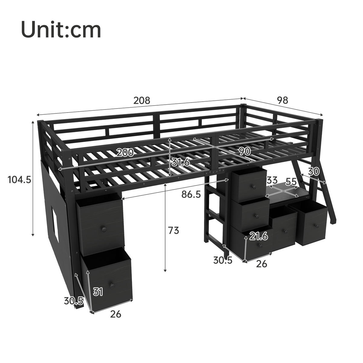 HOCHBETT 90/200 cm in Schwarz mit 7 Schubladen, offenem Regal, LED und Schutzgittern - Schwarz, Holzwerkstoff/Metall (90/200cm) - STILVORA