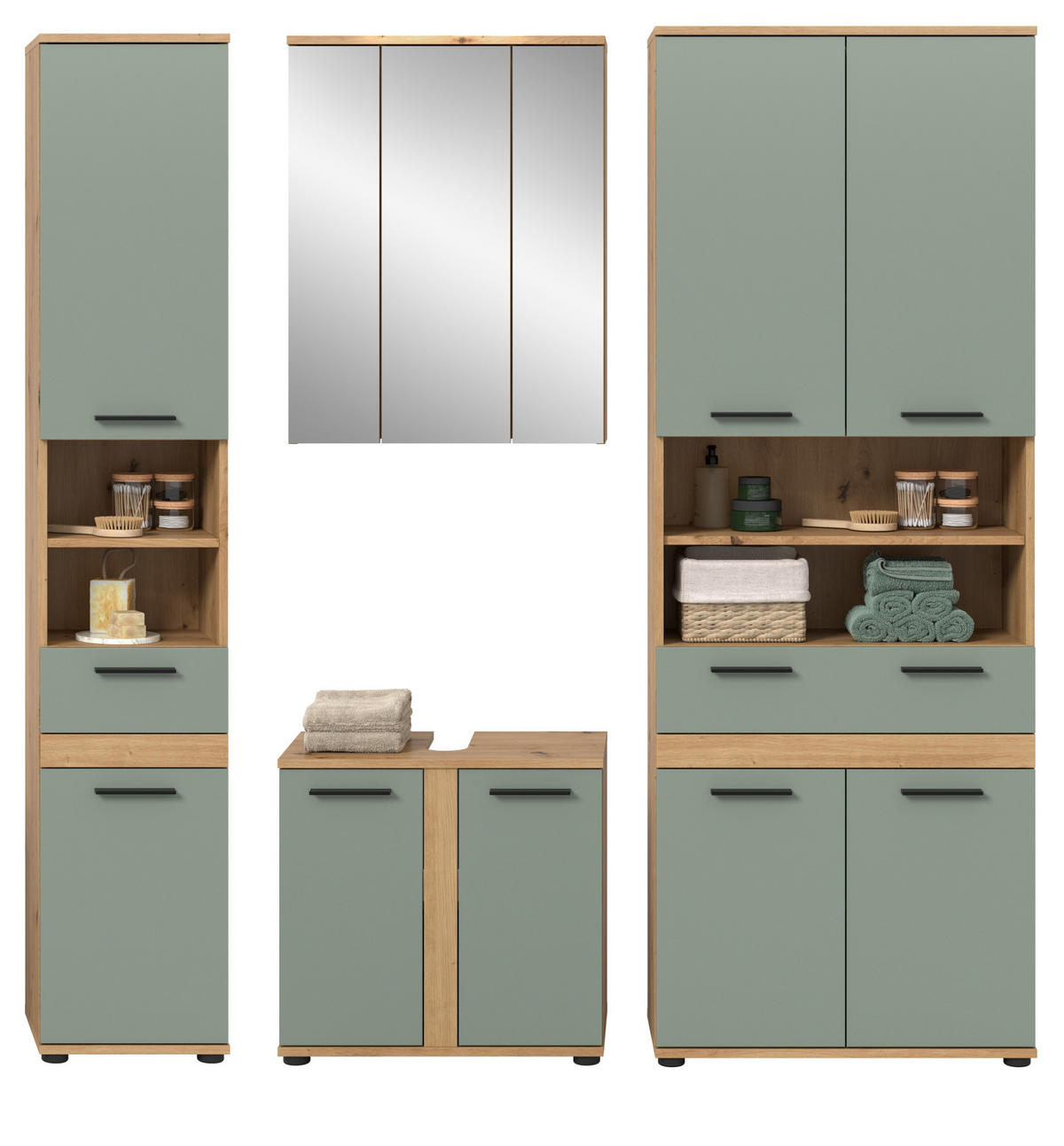 BADMÖBEL-SET 4-teilig Salbei grün, Artisan Eiche 199 cm, Badezimmerschränke mit viel Stauraum - Salbeigrün/Schwarz, Glas/Holzwerkstoff (195/191/34cm) - Inn.Furn