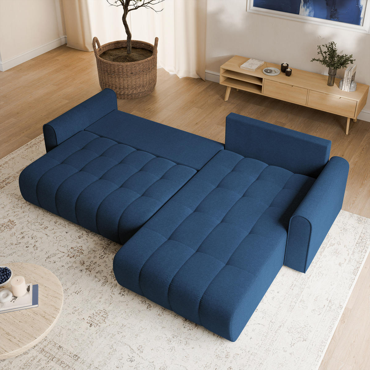 ECKSOFA FRIGA Blau Strukturstoff mit Schlaffunktion - Blau, Holz (283/185cm) - MASSENO