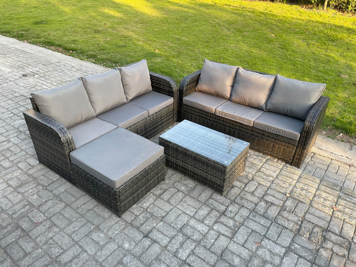 GARTENMÖBEL-SET mit Kissen Polyrattan Dunkelgrau 7-Sitzer - Dunkelgrau/Grau, Glas/Kunststoff - Fimous