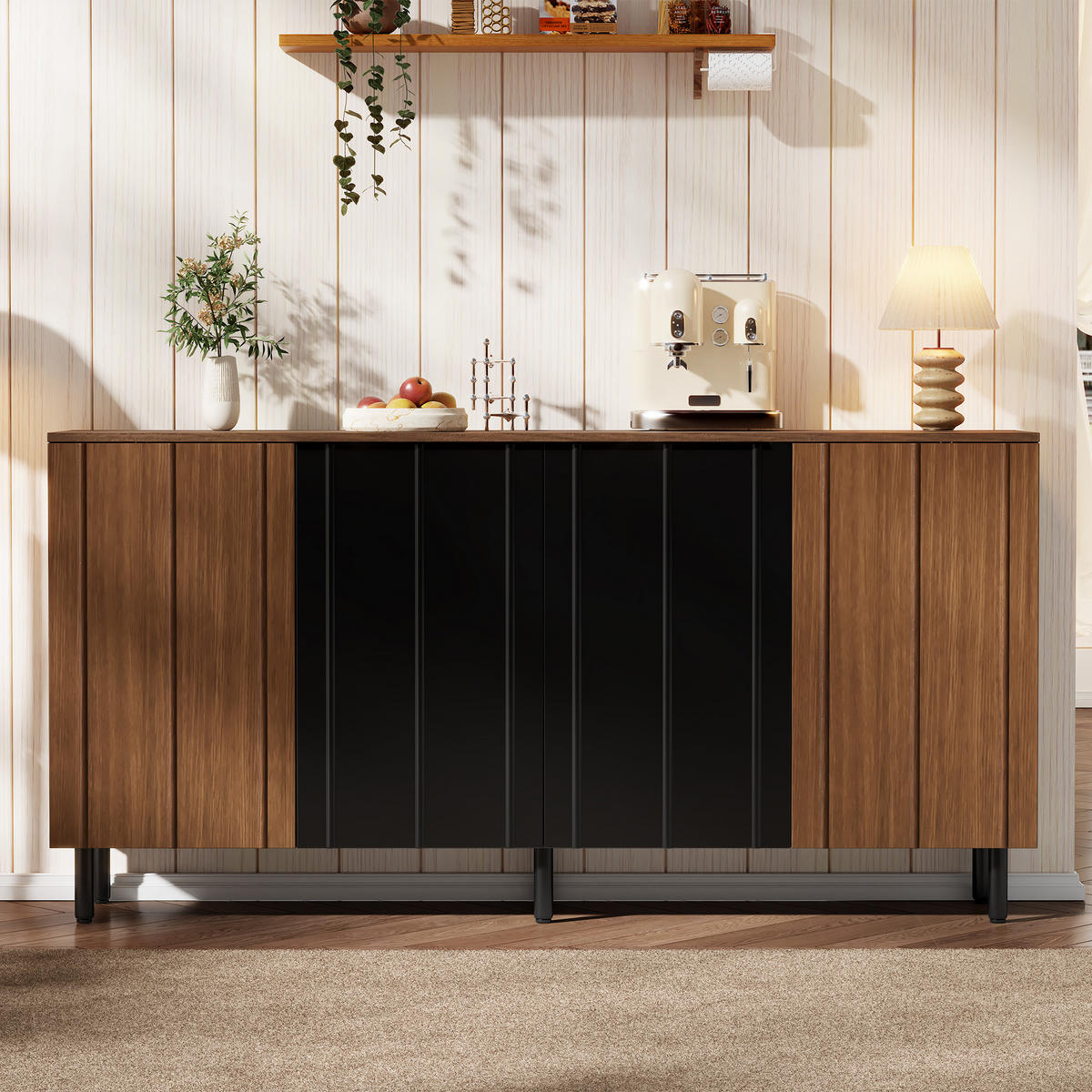 SIDEBOARD in Walnussfarben und Schwarz mit 4 Schranktüren für Küche, B160/T35/H80 cm - Walnussfarben/Schwarz, Holzwerkstoff (160/80/35cm) - STILVORA