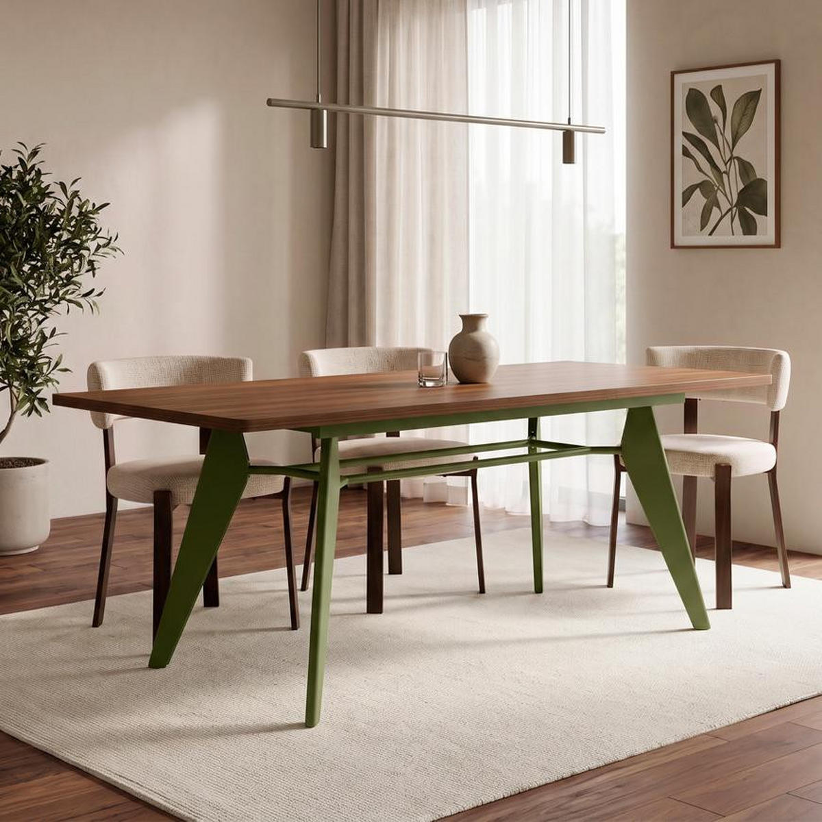ESSTISCH ausziehbar 140/180cm Metallbeine Khaki und Tischplatte Nussbaum-Optik Meloe - Nussbaumfarben/Grün, Holzwerkstoff/Metall (90/140/76cm) - Sicaan