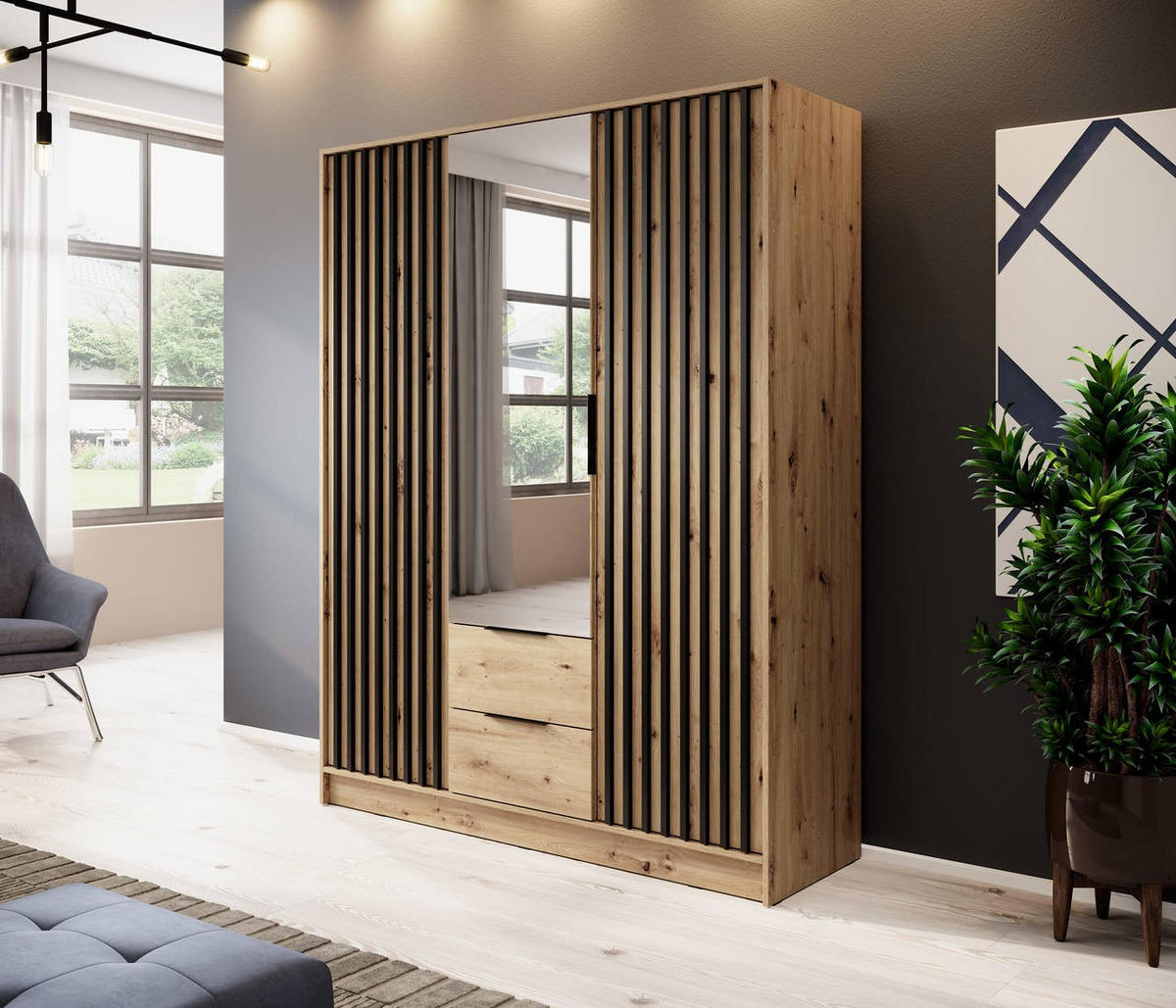 KLEIDERSCHRANK Nelly Artisan Eiche, Schrank Dreitürige, Garderobe mit Spiegel und Schubladen - Eiche Artisan, Holzwerkstoff (155/200/51cm) - Bettso