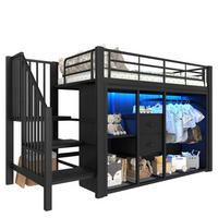HOCHBETT Kinderbett 90/200 cm aus Metall und MDF mit LED-Beleuchtung und offenem Kleiderschrank Schwarz - Schwarz, Metall (90/200cm) - Modenvie