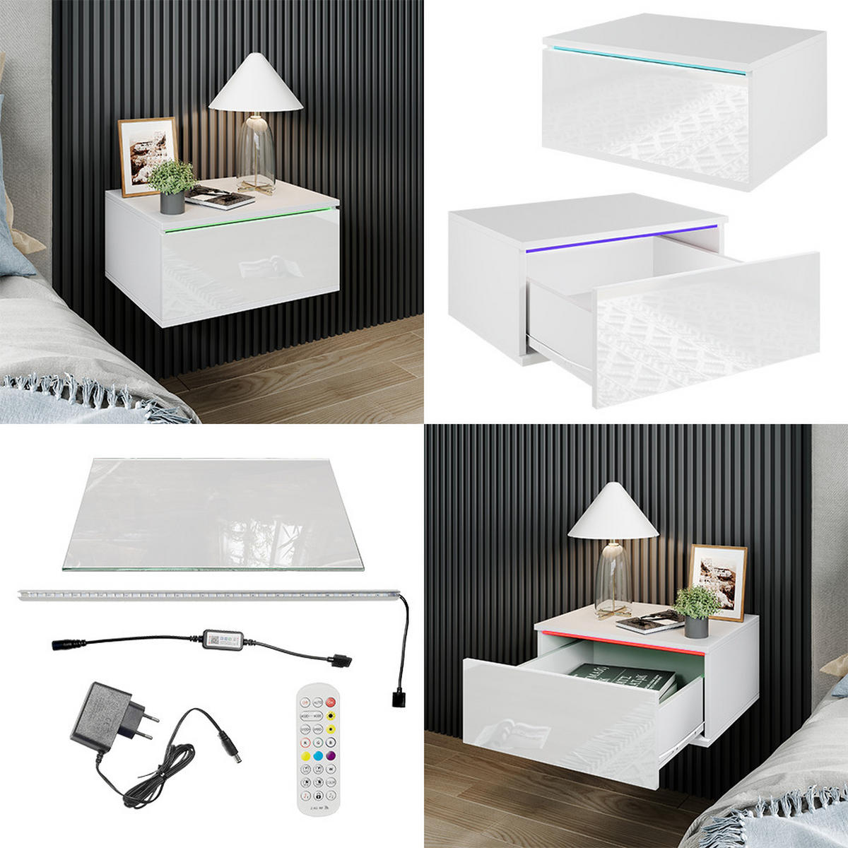 NACHTTISCH Samira Weiß 49 x 23 cm Mit LED Beleuchtung - Weiß, Holzwerkstoff (49/23/38cm) - Vicco