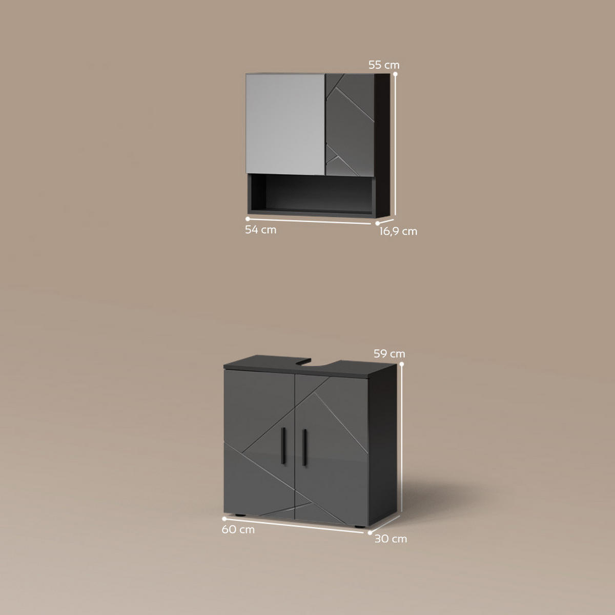 BADMÖBEL-SET Ronco Anthrazit Hochglanz 2 Teile, Unterschrank 60 cm - Anthrazit, Holzwerkstoff (60/81/30cm) - Livinity®