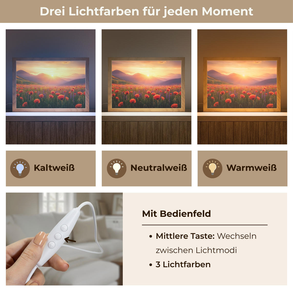 WANDLEUCHTE Landschaft - Sonnenuntergang - Blumenfeld 30x20 cm - Rot, Holzwerkstoff (30/20/8cm) - OnlyWow