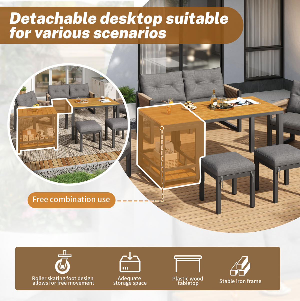 LOUNGEGARNITUR 150/79,5/75 cm Grau/Natur aus Eisen mit abnehmbarem Tisch 6er Set - Grau, Metall - OKMYHOME