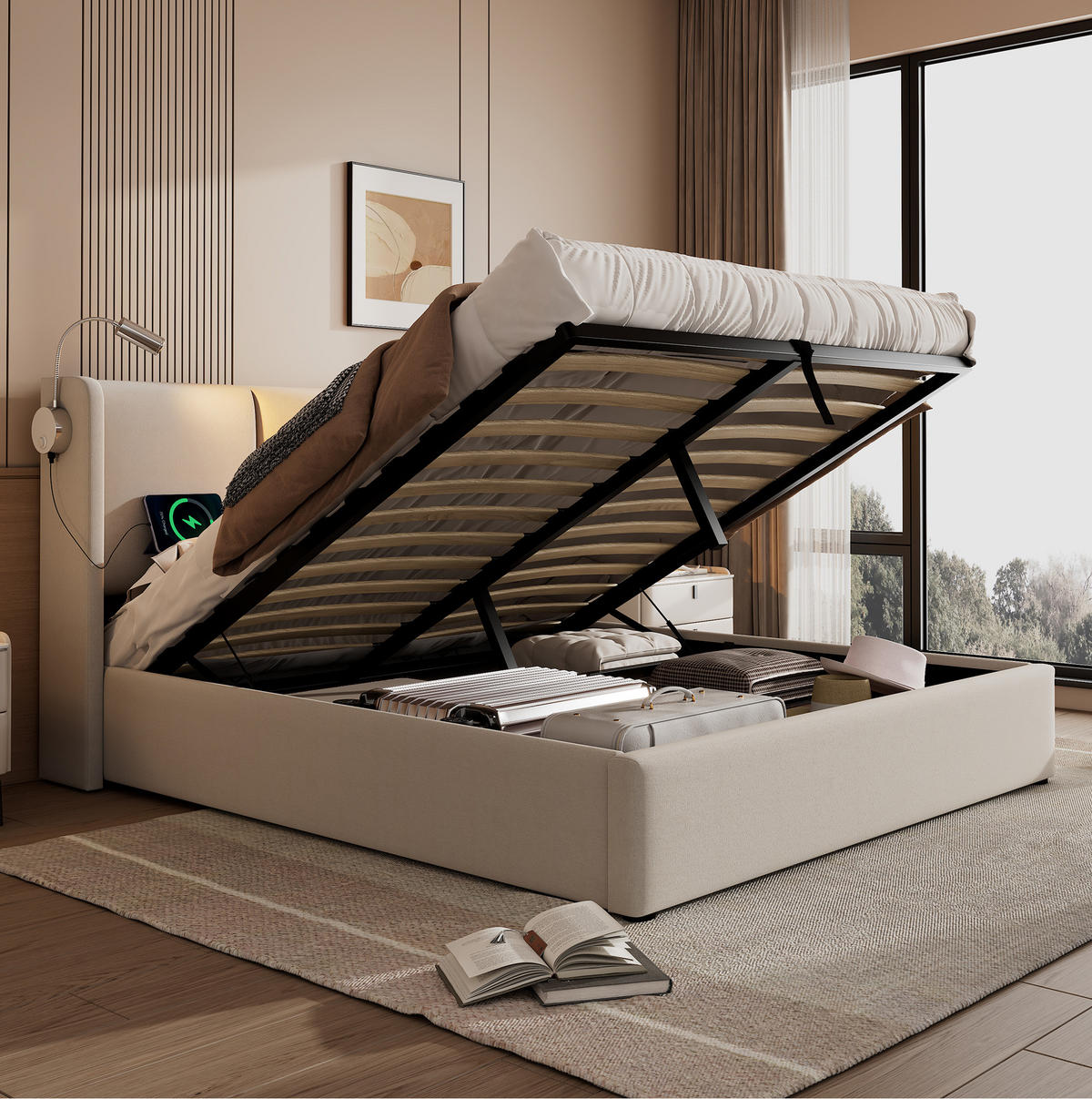 ČALOUNĚNÁ postel 140/200 cm z lnu béžová s LED čtením, USB a úložným prostorem - béžová, textil (140/200cm) - BEAOK