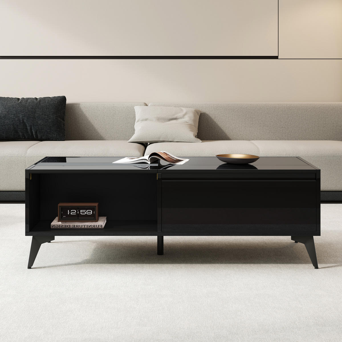 COUCHTISCH 110x50 Schwarz Hochglanz Höhenverstellbar Klappbar - Schwarz, Holzwerkstoff (110/50/48cm) - FLIEKS