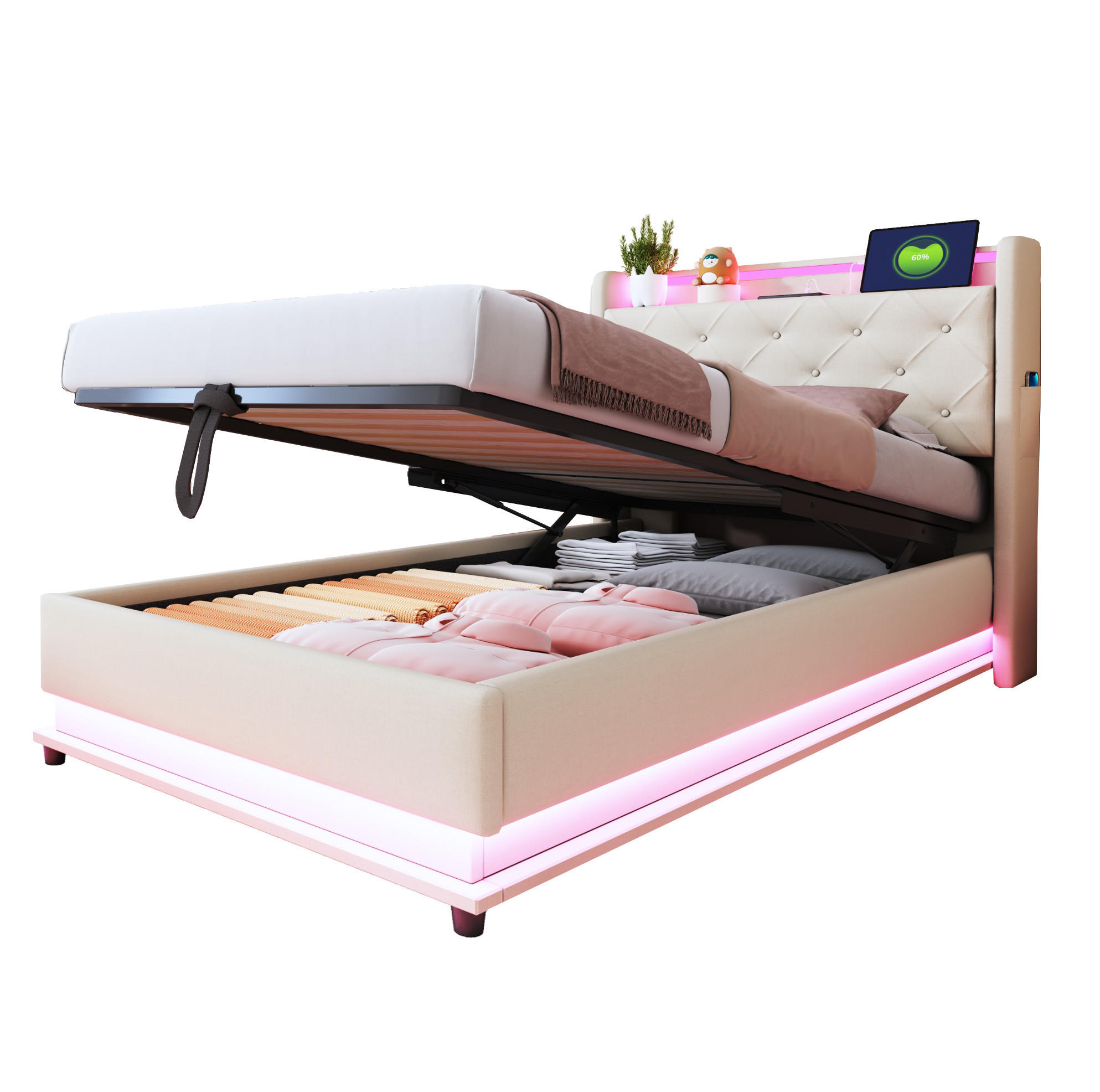 KINDERBETT 90/200 cm Beige aus Leinenstoff mit LED und Stauraum - Beige, Textil (90/200cm) - OKMYHOME