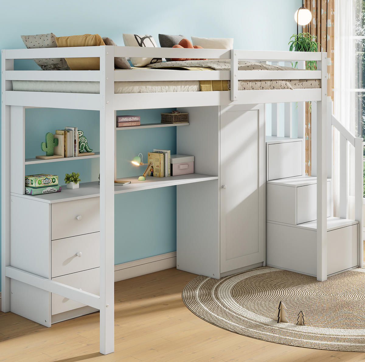 KINDEREINZELBETTEN aus Massivholz 90x200 cm in Weiß mit Schreibtisch & Kleiderschrank - Weiß, Holz (90/200cm) - Modfu