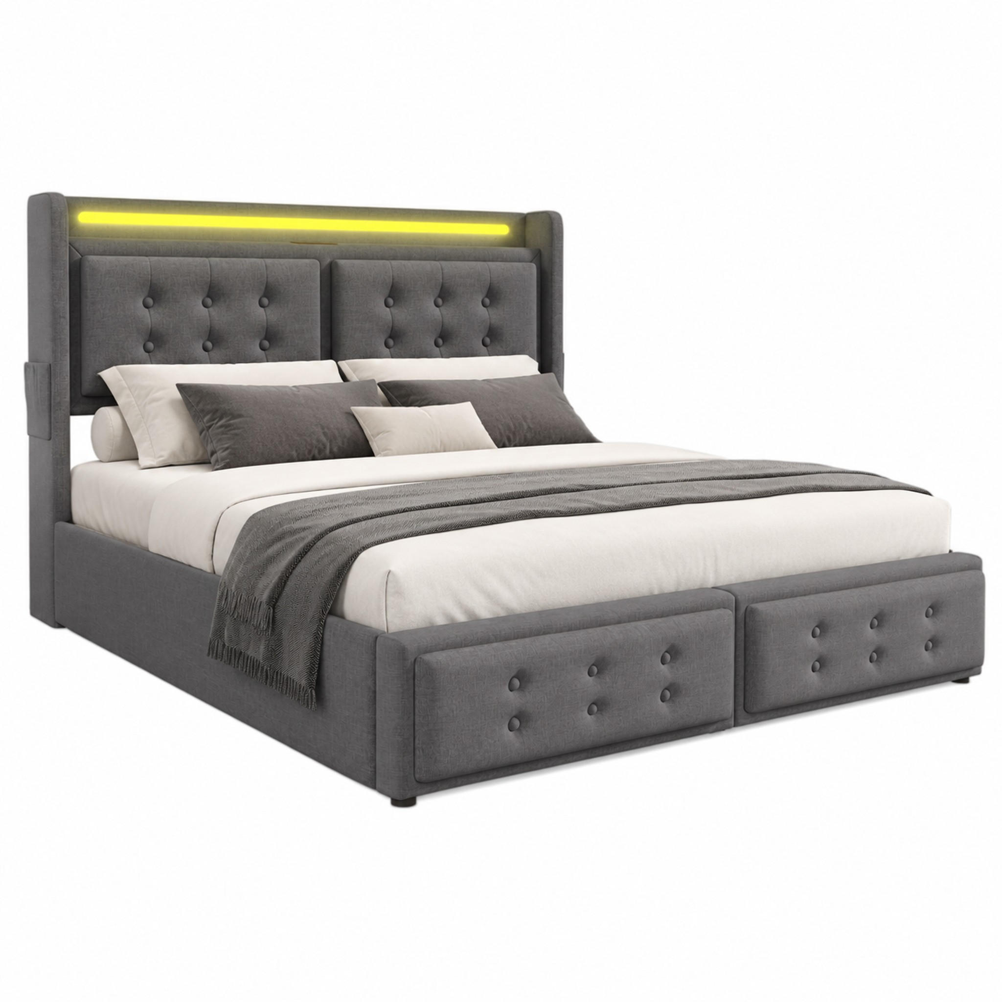 BETT mit Stauraum und LED 140x200 cm Baumwoll-Leinen Grau inkl. Matratze - Grau, Metall (140/200cm) - Meubliv