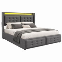 BETT mit Stauraum und LED 140x200 cm Baumwoll-Leinen Grau inkl. Matratze - Grau, Metall (140/200cm) - Meubliv