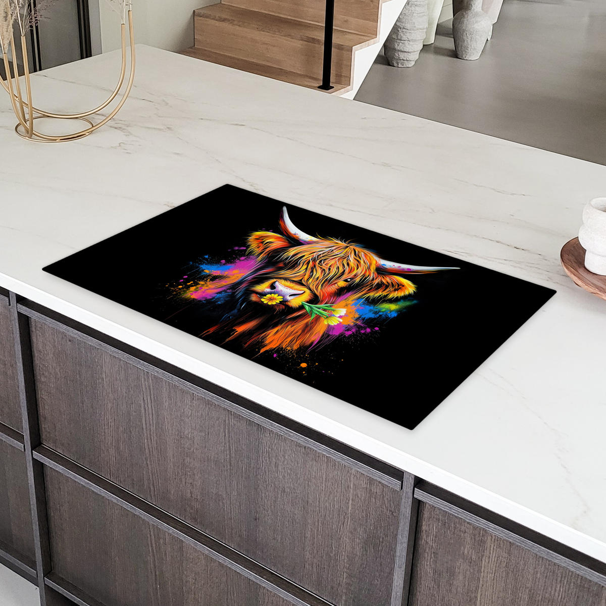 HERDABDECKPLATTE Schottischer Highlander - Graffiti - Bunt - Blume - Tiere Induktionsschutz 91.2x52 cm - Multicolor, Kunststoff (91.2/52/0.2cm) - MuchoWow