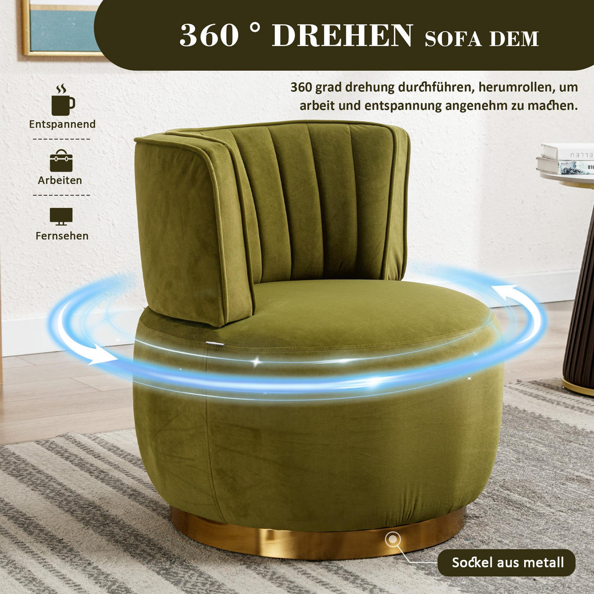 DREHSTUHL 360°Drehsessel,runde Sessel mit breiter Polsterung,Samt,Grün - Grün, Metall (62/69/62cm) - LVHOM