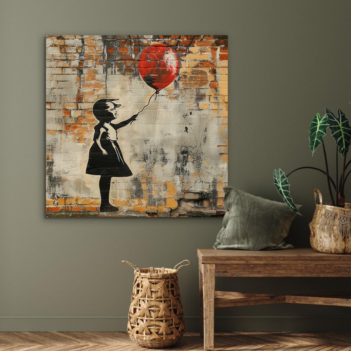 KOVOVÝ OBRAZ Graffiti - Banksy - Dievča - Street art 90x90 cm - piesková, kov (90/90cm) - MuchoWow