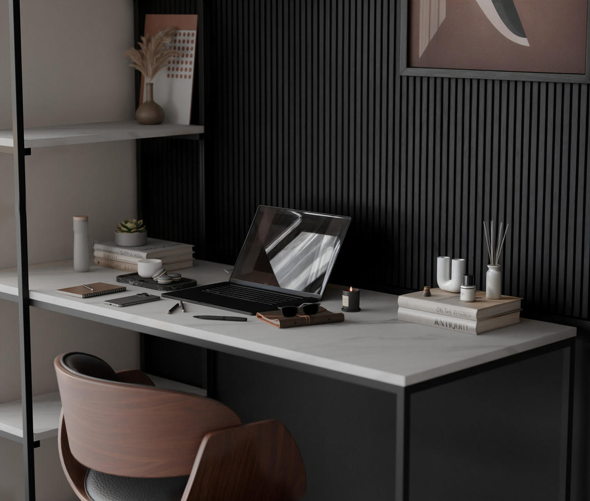 SCHREIBTISCH LUMO mit regal, 152/60/160 cm Marmor Bianco/Schwarz - Weiß Hochglanz/Schwarz, Holzwerkstoff (152/60/160cm) - Idohome
