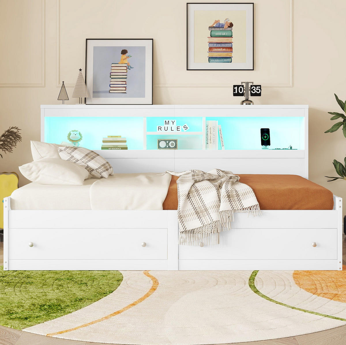DNEVNI krevet 90/200 cm bijeli od iverala s LED rasvjetom, USB priključcima i ladicama - bijela, drvni materijal (90/200cm) - OKWISH