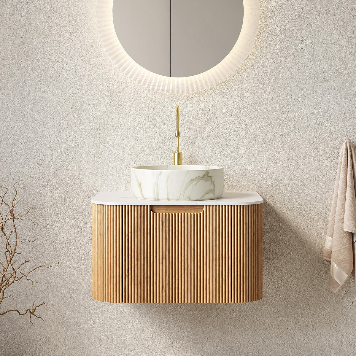 WASCHTISCHKOMBI 61x48x49.1 cm Naturholz & Weiß aus Keramik & Sintered Stone mit 3D-Streifen - Naturfarben, Stein (48/49.1/61cm) - Modfu