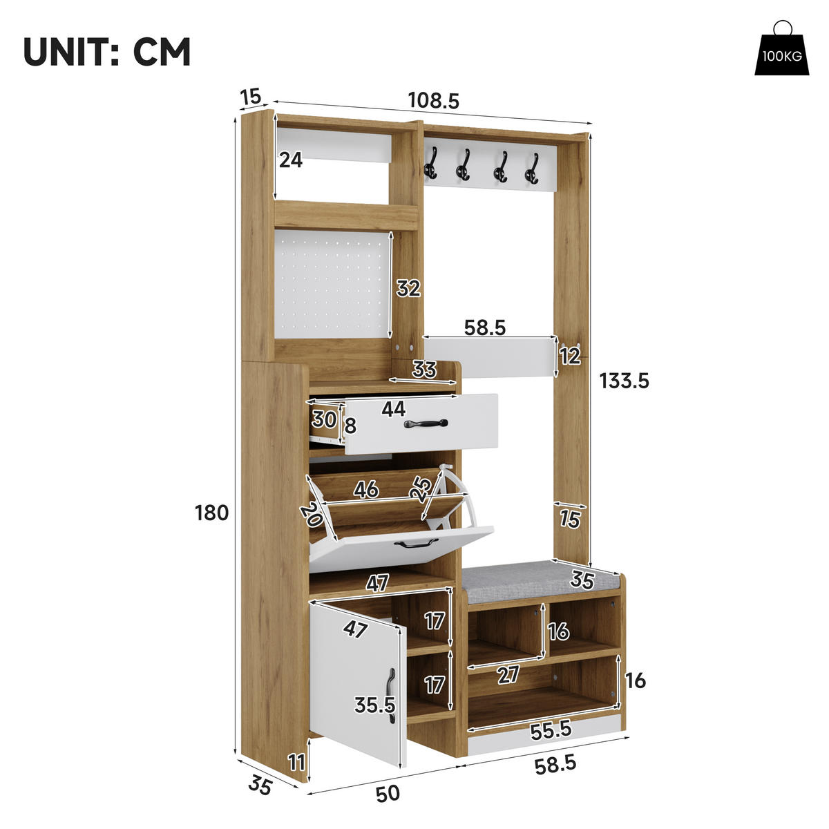 GARDEROBE Schuhschrank Sitzbank Haken Eiche Weiß Modern - Multicolor, Holzwerkstoff (108.5/180/35cm) - FLIEKS