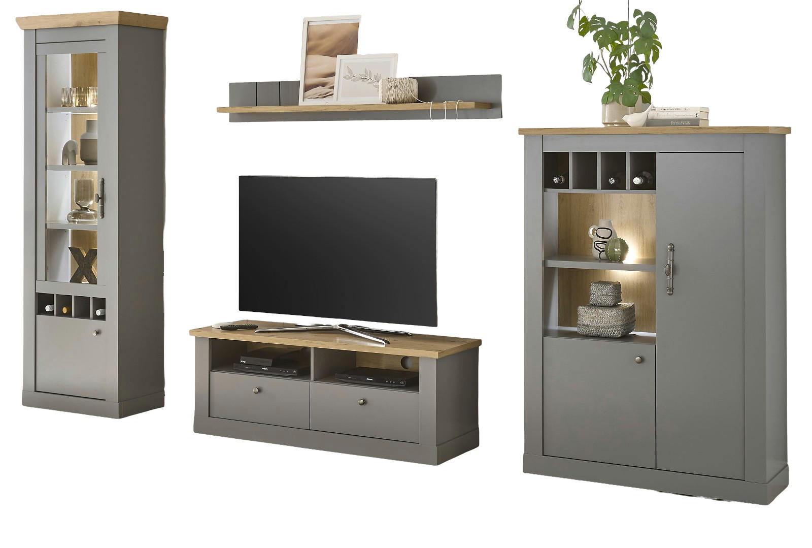 WOHNWAND grau, Artisan Eiche 4-teilig 326 cm, Wohnkombination im Landhaus-Stil - Silberfarben/Hellgrau, Glas/Holzwerkstoff (326/201/44cm) - Furn.Design
