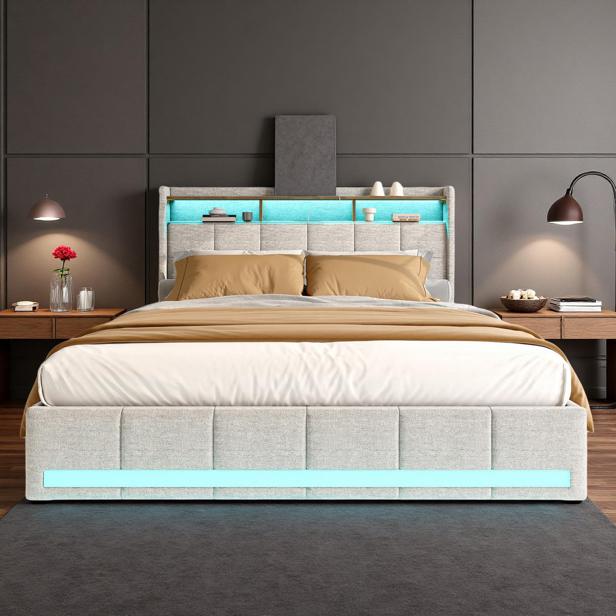 ČALÚNENÁ posteľ 140x200 cm béžová ľanová LED USB 4 zásuvky - béžová, kov - SHOPENTRA